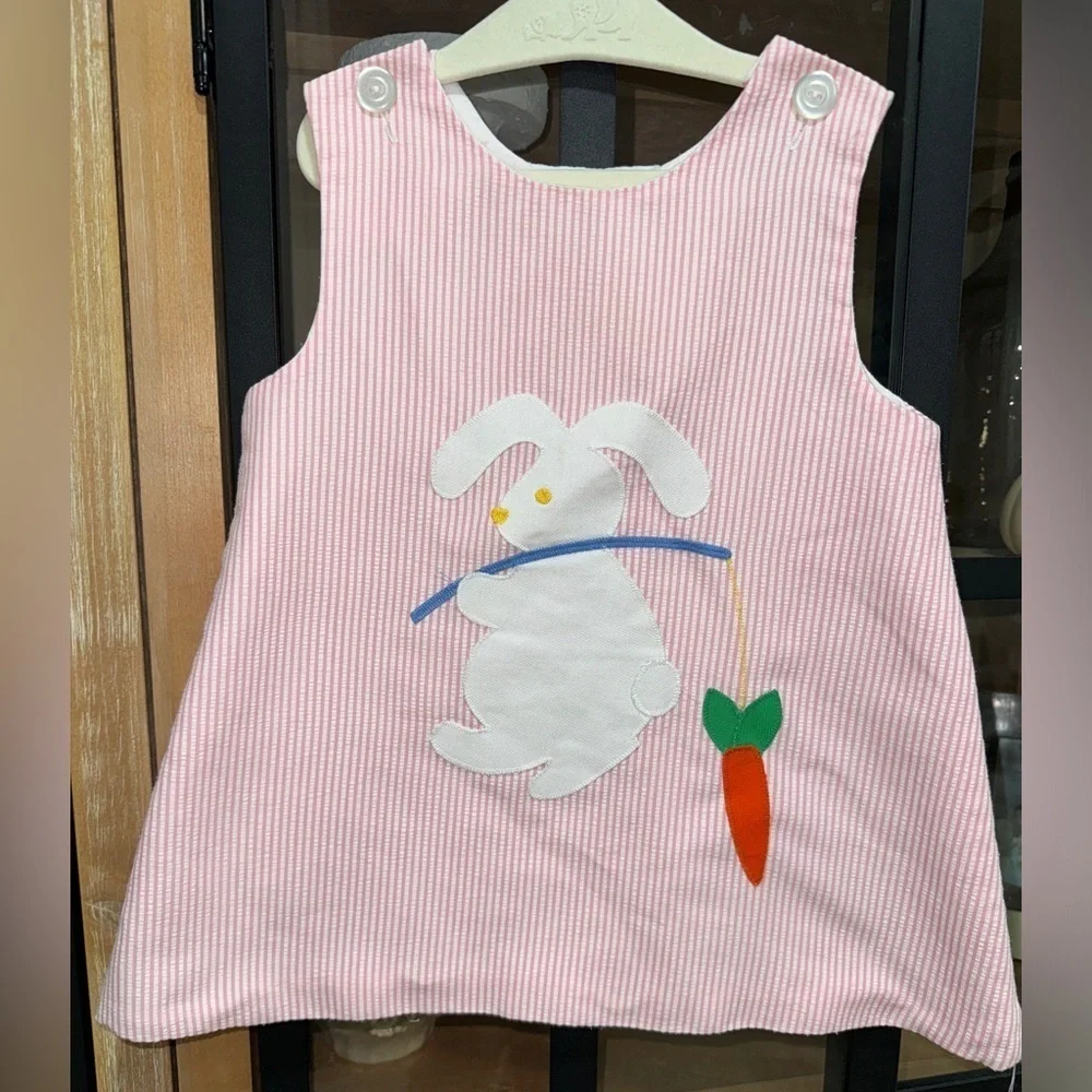 Vintage Bunny seersucker appliqué dress pinafore easter embroidered toddler